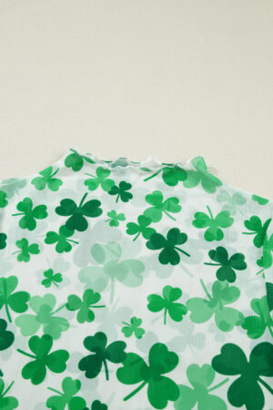 Green Lucky Shamrock Lettuce Trim High Neck Mesh Long Sleeve Top - Image 5