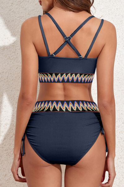 Alternative view of Navy Blue Ribbed Knit Tribal Contrast Detail 2pcs High Waist Swimsuit