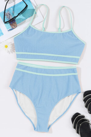 Beau Blue Stylish Ribbed Contrast Trim Spaghetti Straps 2pcs Bikini Swimsuit - Image 6