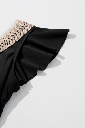 Black Ruffled Short Sleeve Lace Trim V Neck One Piece Swim Dress - Image 8