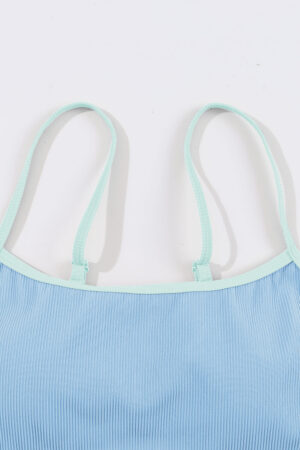 Beau Blue Stylish Ribbed Contrast Trim Spaghetti Straps 2pcs Bikini Swimsuit - Image 7