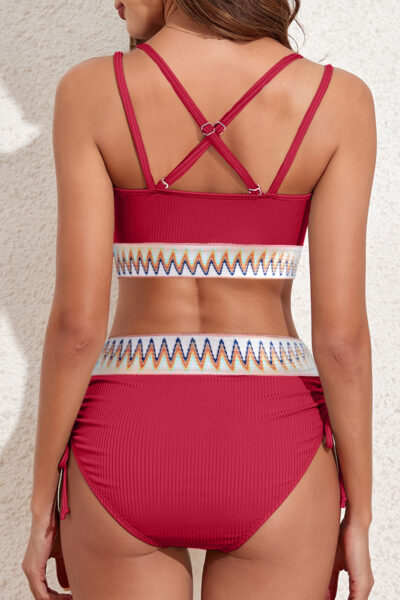 Alternative view of Racing Red Ribbed Knit Tribal Contrast Detail 2pcs High Waist Swimsuit