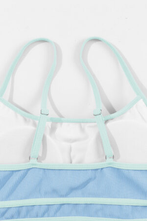 Beau Blue Stylish Ribbed Contrast Trim Spaghetti Straps 2pcs Bikini Swimsuit - Image 8